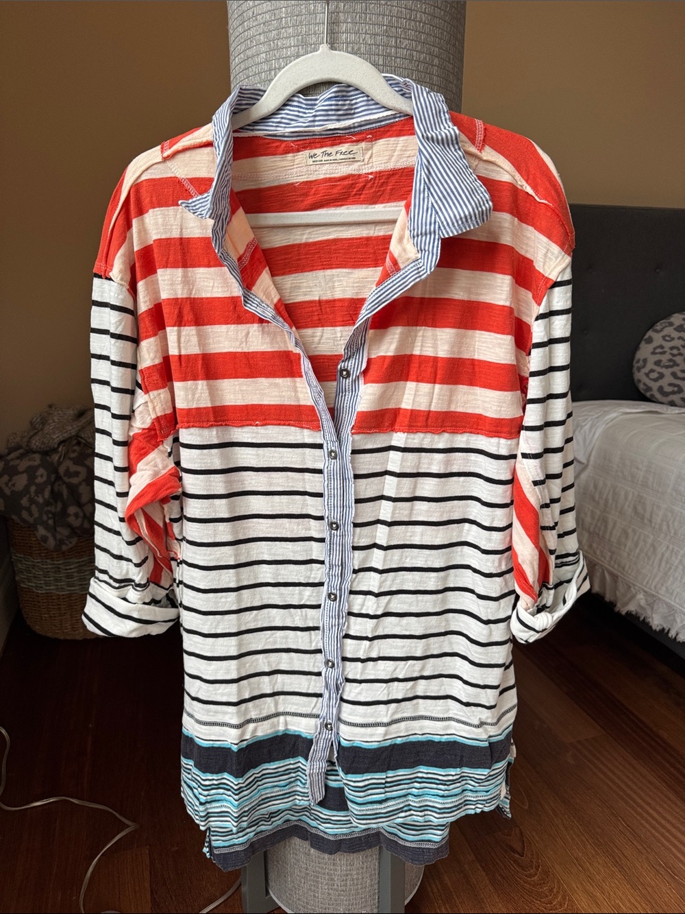 We The Free Striped Button-Up Tunic in Red, White, Black, Blue